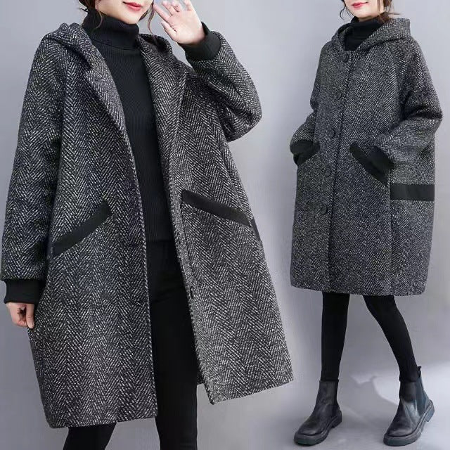 Women's Sister Winter Korean Style Loose Cocoon Hooded Mid-length Veet Padded Clothing
