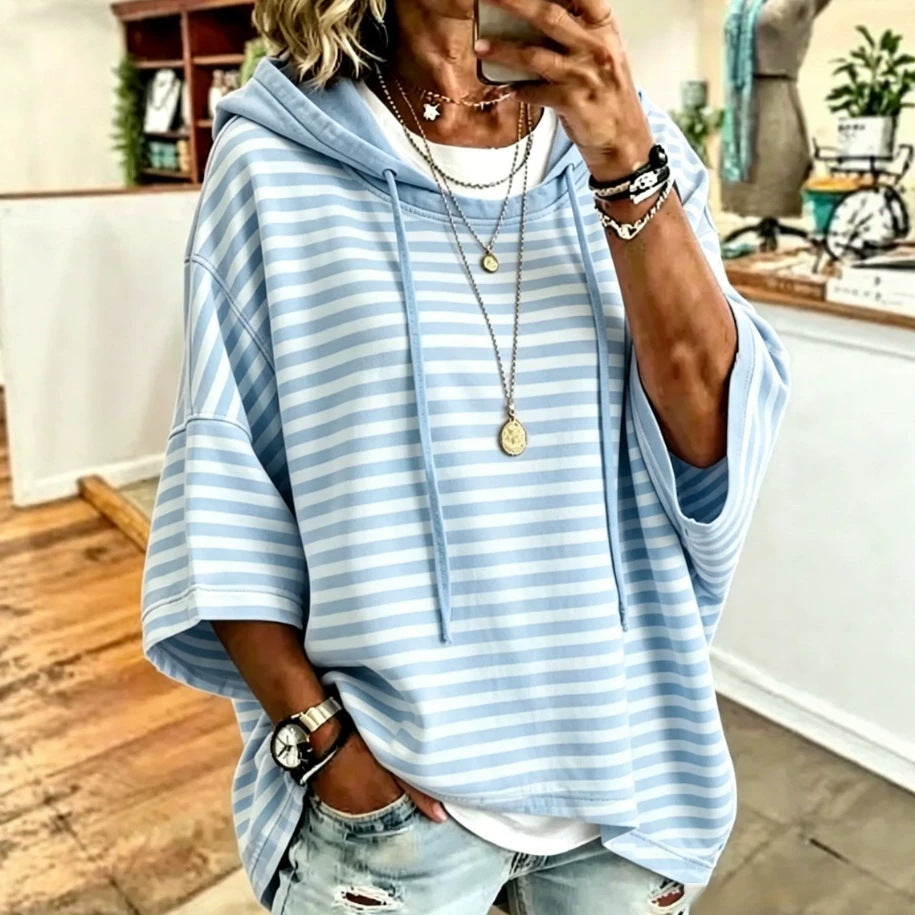 Women's Loose Casual Striped Hooded Sleeve Sweatshirt Women's Sweater, Sweater