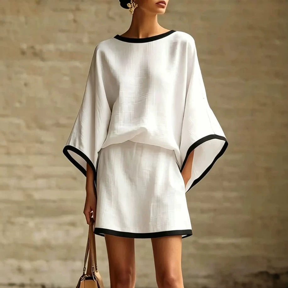 Women's Cotton Linen Dolman Sleeve Two-piece Set Skirts