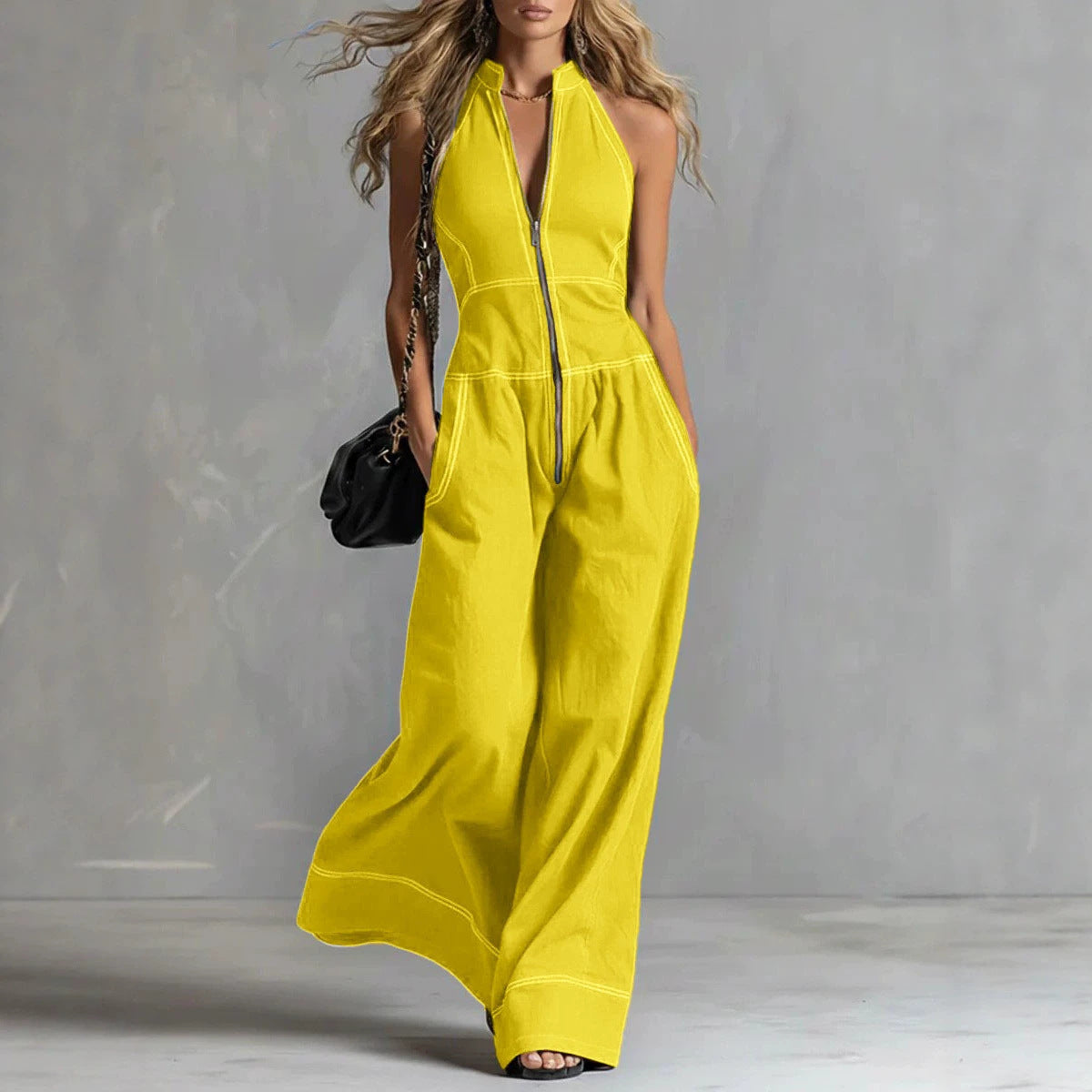 Fashion Monochrome Stand Collar Sleeveless Loose Casual Women's Jumpsuit/clothing