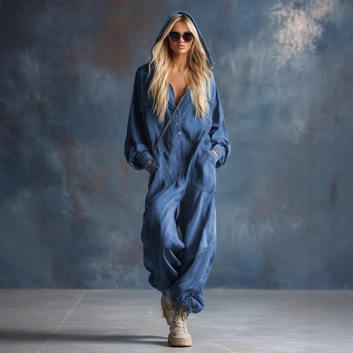 Loose Single-breasted Denim Large Pocket Hooded Plus Size