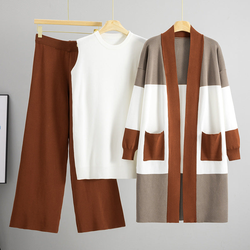 Women's Autumn Knitted Mid-length Wide Leg Three-piece Cardigans