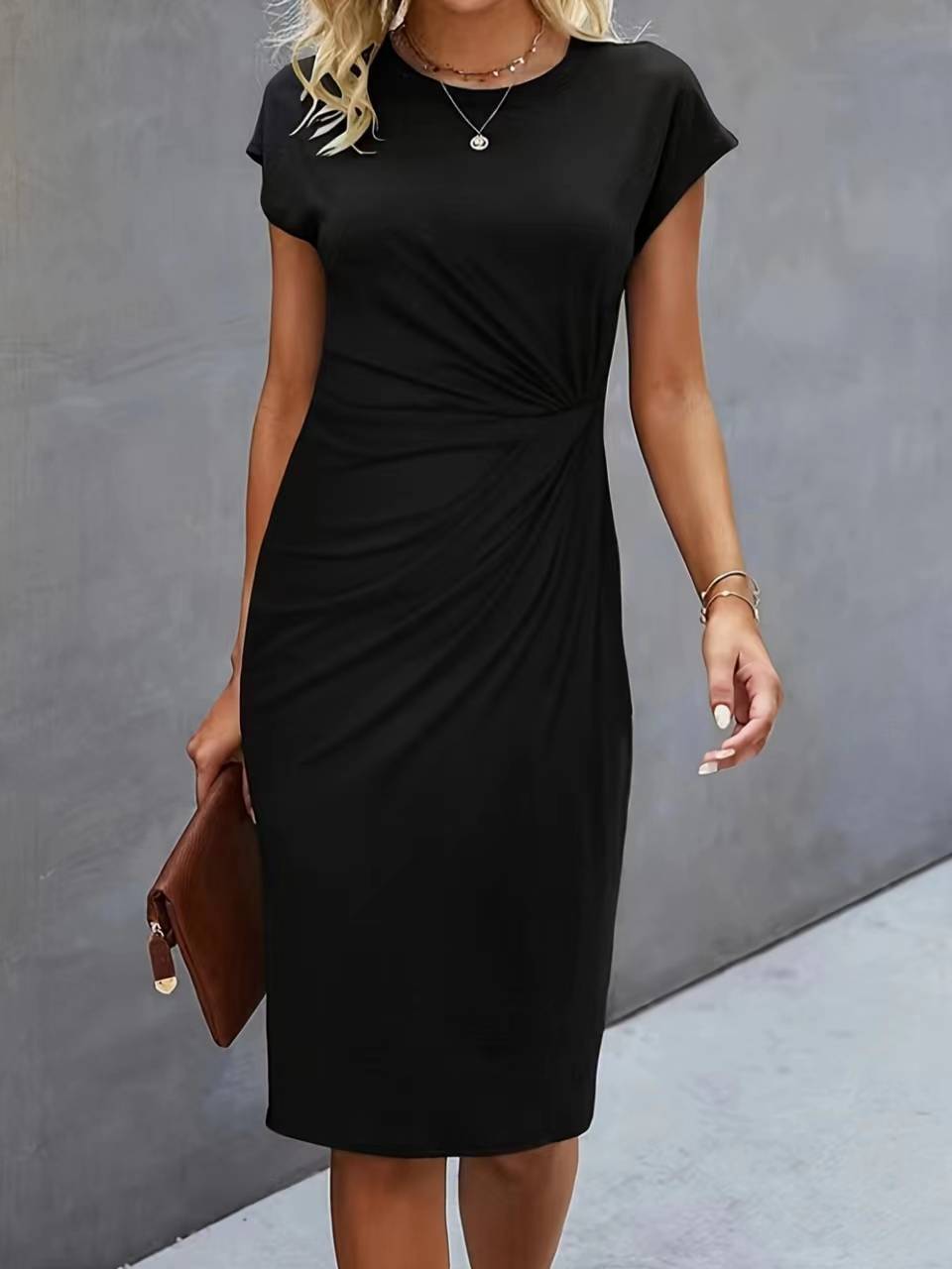Women's Solid Color Casual Ladies Round Neck Graceful Dress