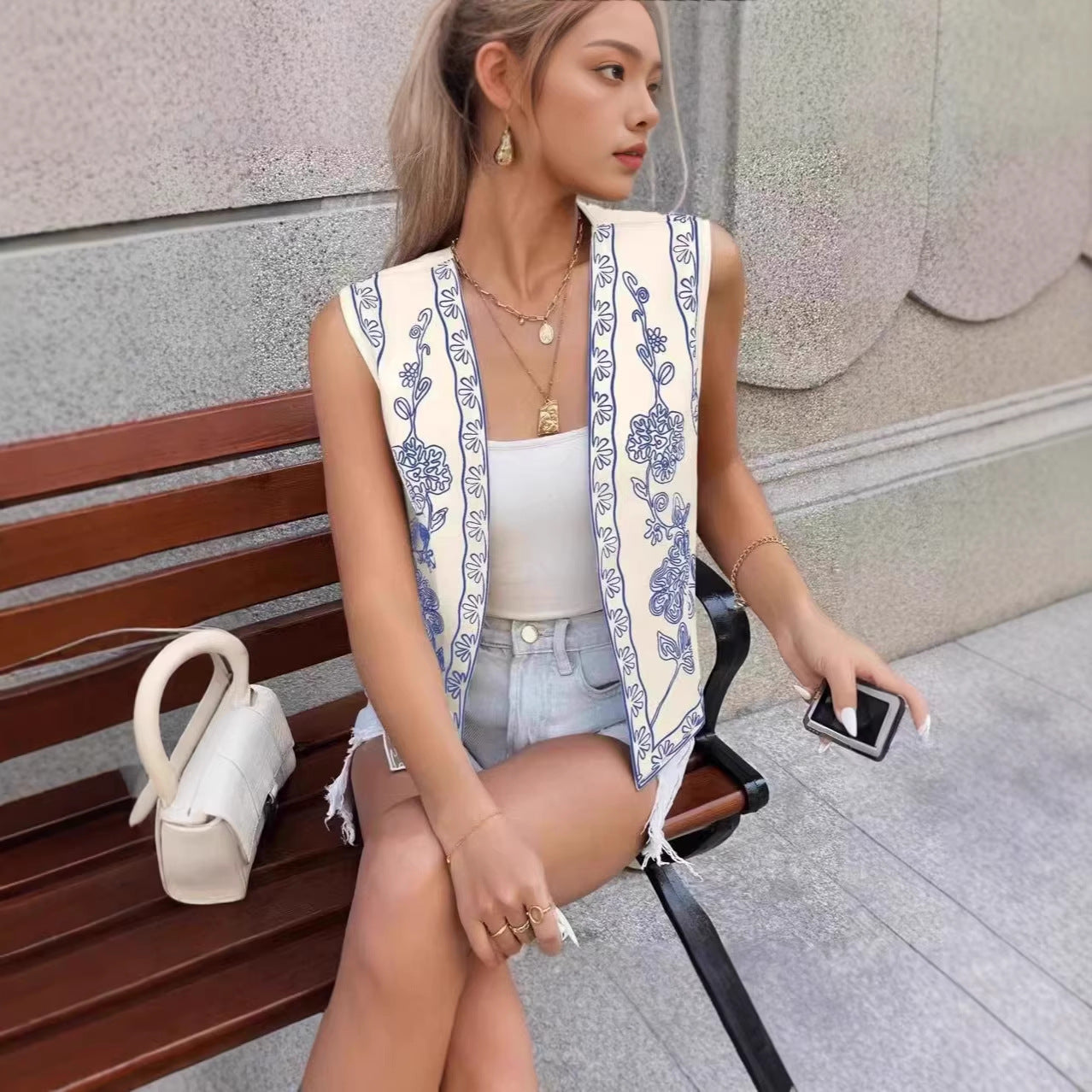 Flower Embroidery Contrast Color Temperament Commute Women's Vest