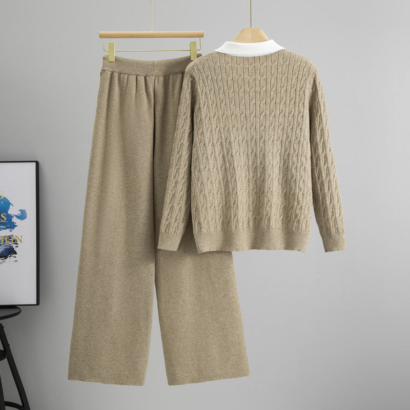 Women's Thickened Collar Fake Two-piece Knitted Matching Wide Fashion Casual Suit