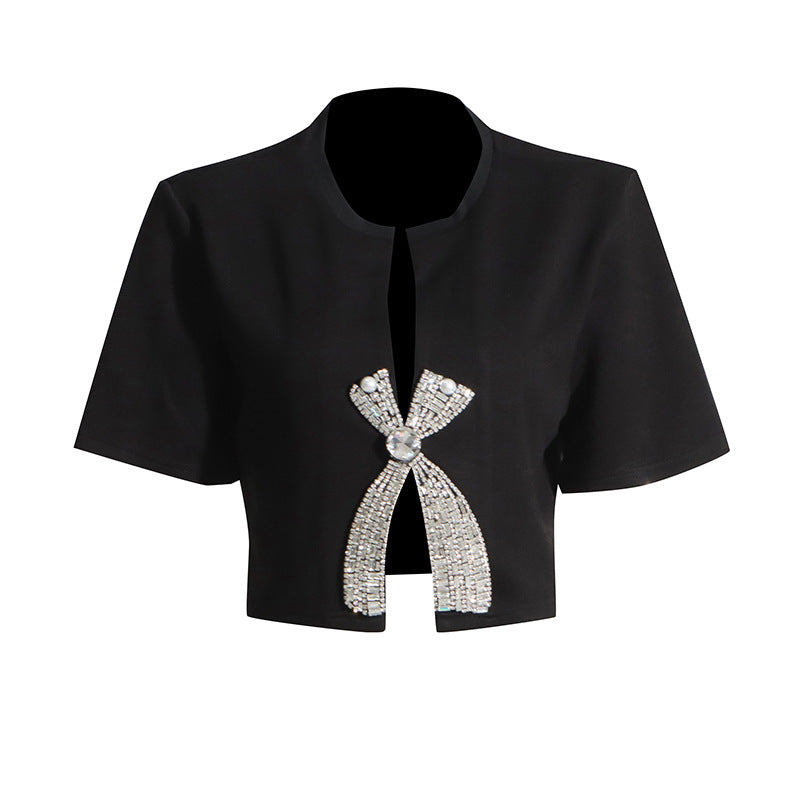Women's Fashion Simple Rhinestone Bow Short-sleeved Summer Tide Style Women's T-shirt