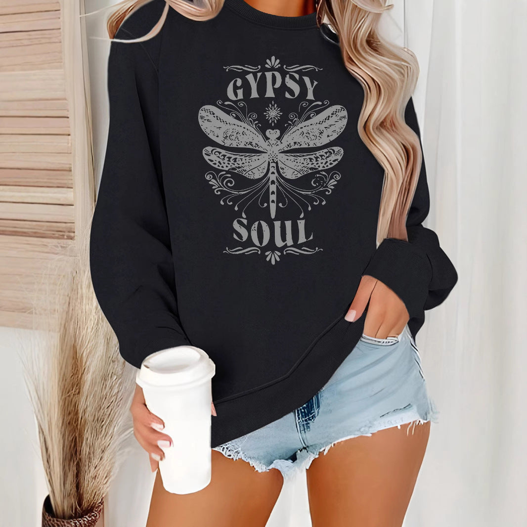 Women's Fashion Base Long-sleeved Dragonfly Round Neck Design Sweaters