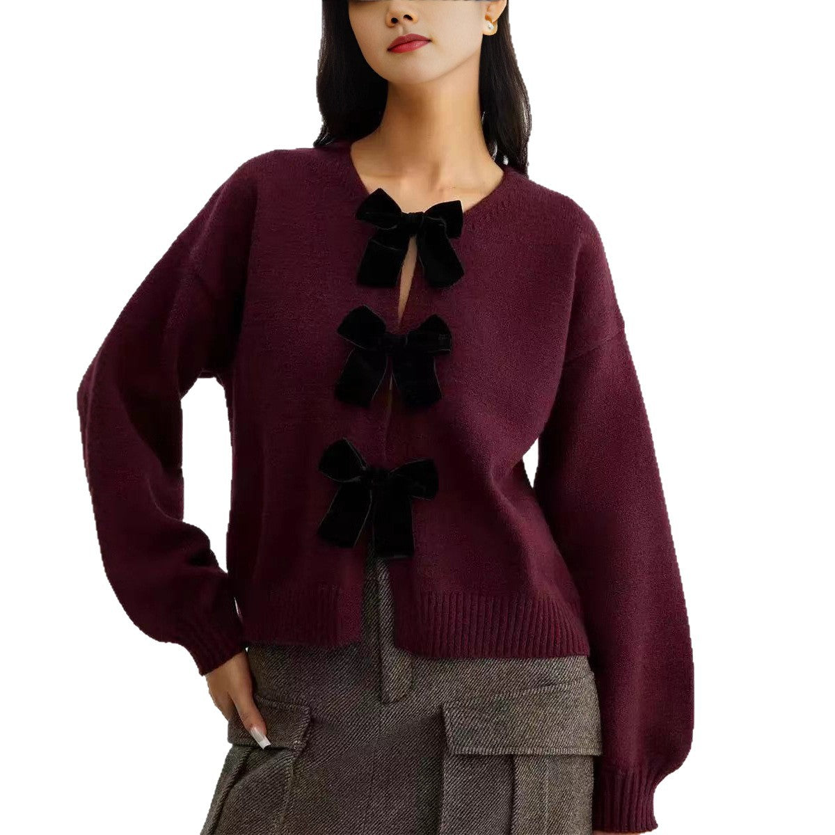 Women's Bow Decoration Pullover Loose-fitting Long Sleeves Sweaters