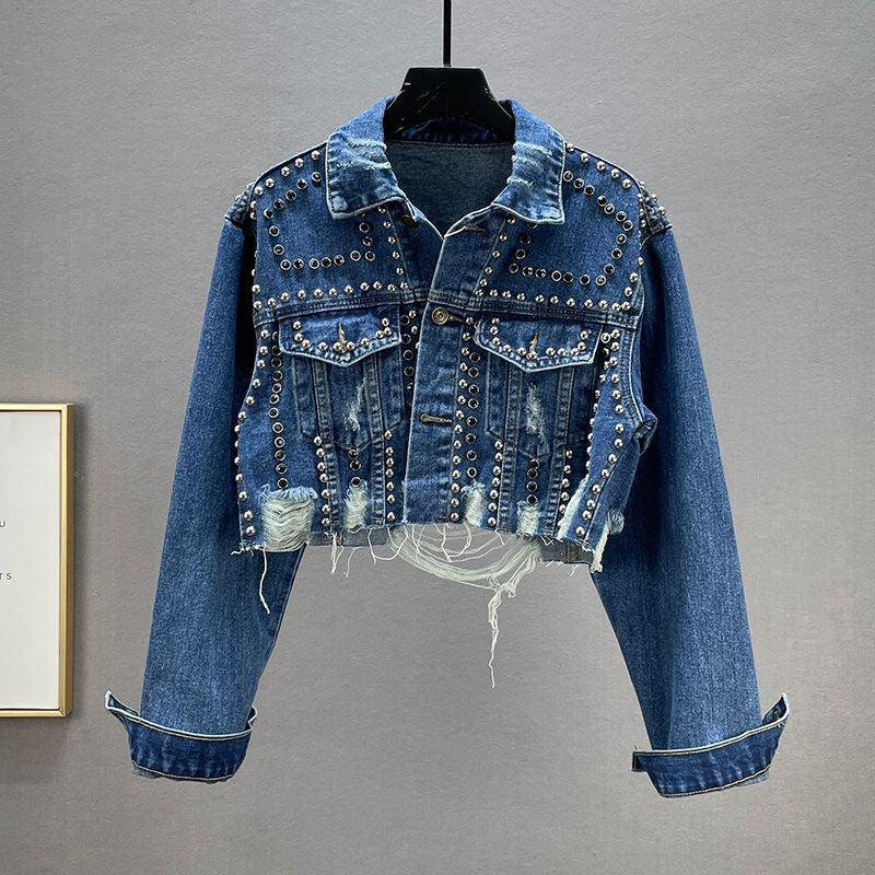 Women's Rivets With Diamonds Denim Worn Beaded Jackets