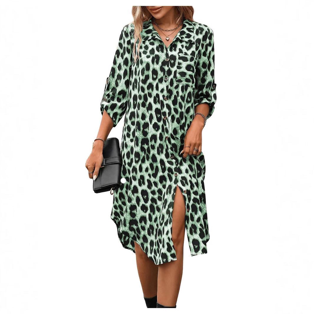 Women's Leopard Print Sleeve Shirt Woven Loose Fashion Ladies Slit Dress