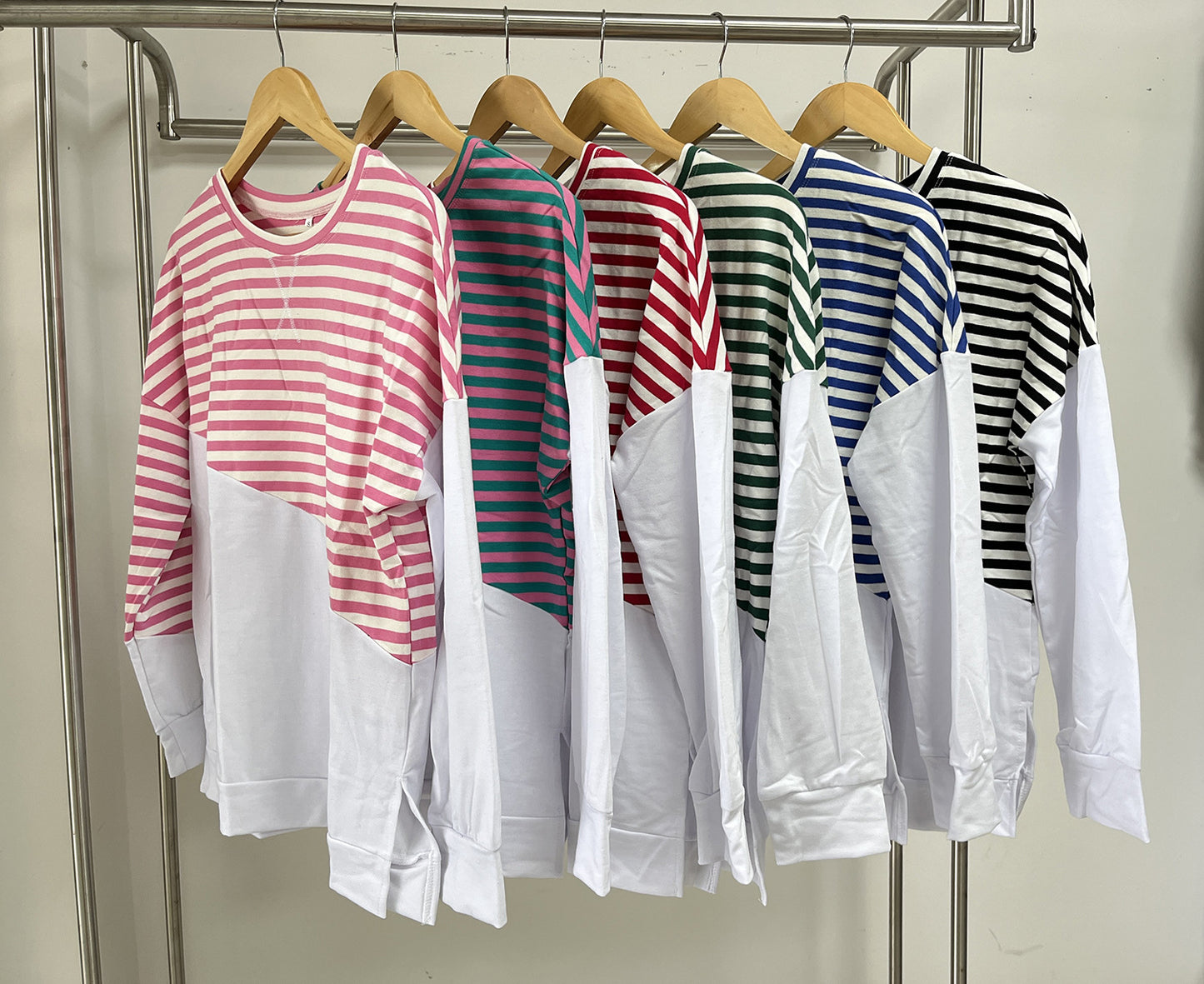 Women's Color Round Neck Contrast Striped Long Coats