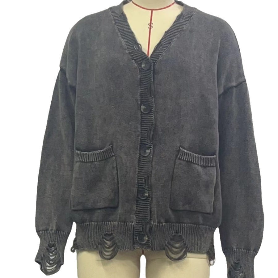 Women's Retro Make Old Ripped Long Sleeve Sweaters
