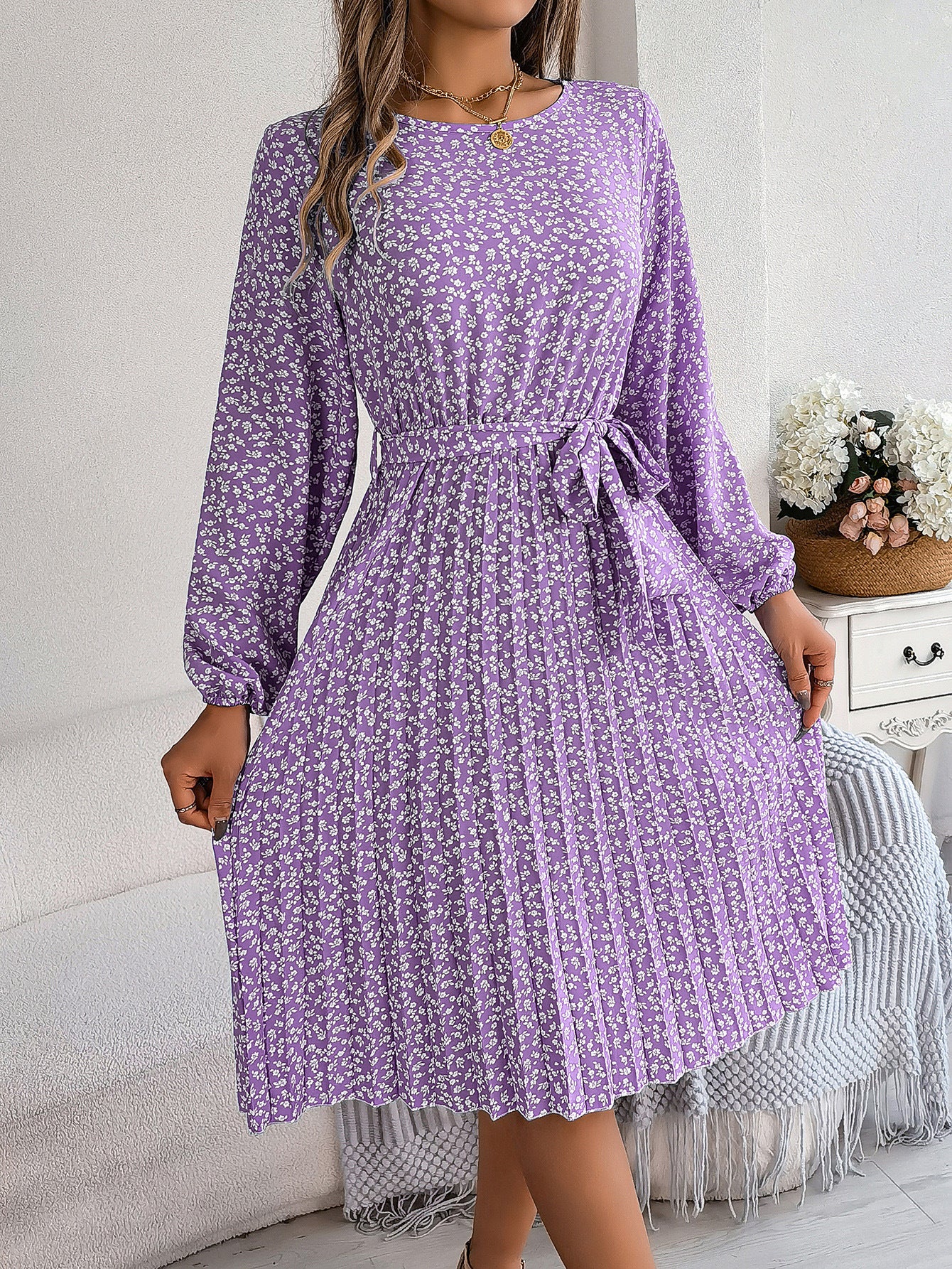 Women's Casual Long-sleeved Floral Print Pleated Dress