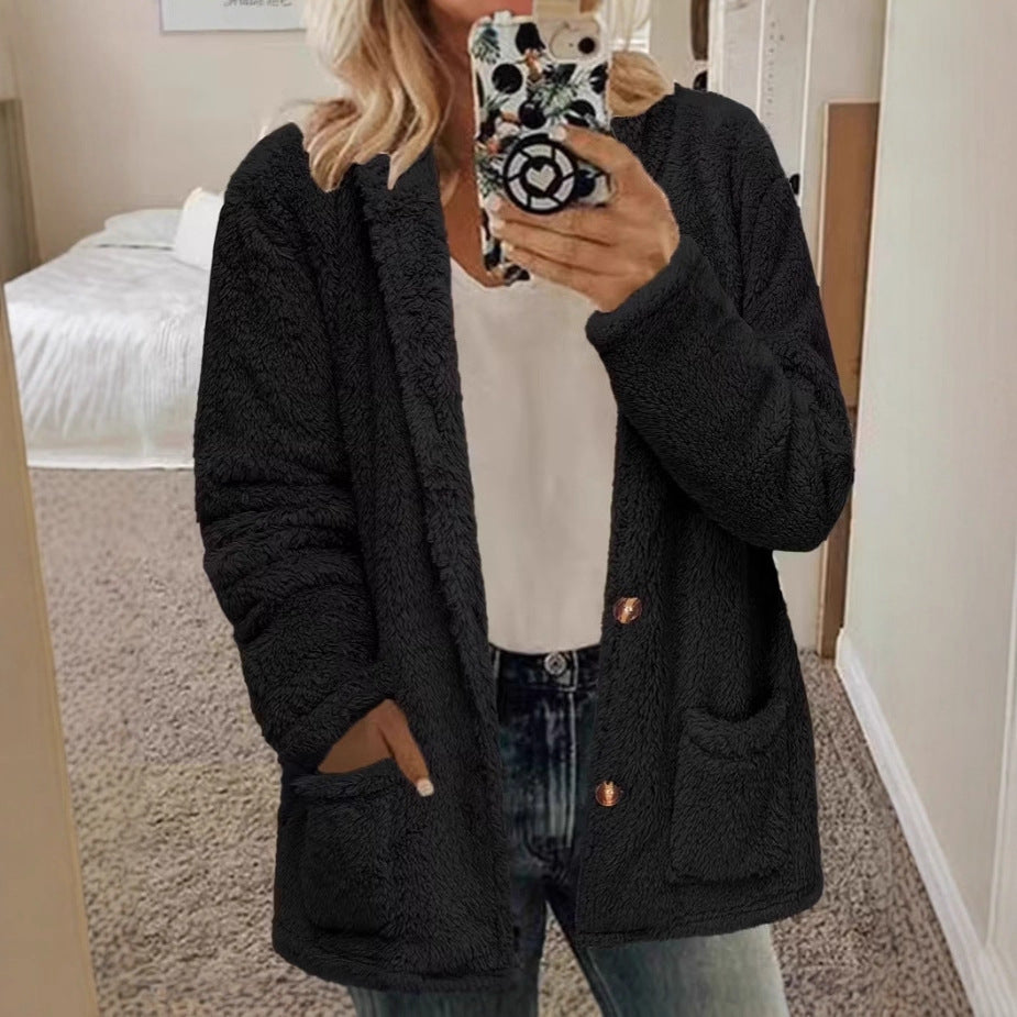 Women's Fur Hooded Loose Knitted Button Pocket Cardigans