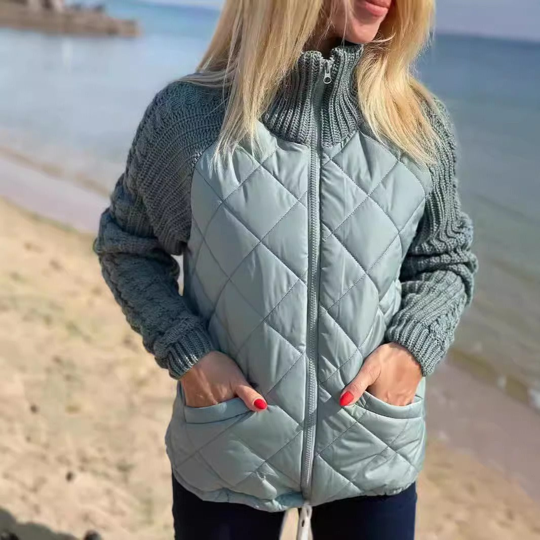 Women's Stand-up Collar Splicing Zipper Long Sleeve Coats