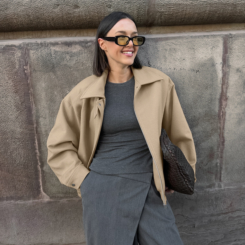 Women's Khaki Polo Collar Loose Overcoat Commuter Coats