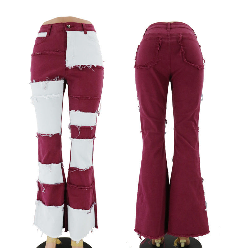 Women's Color Contrast Patchwork High Waist Tight Hip Horn Jeans