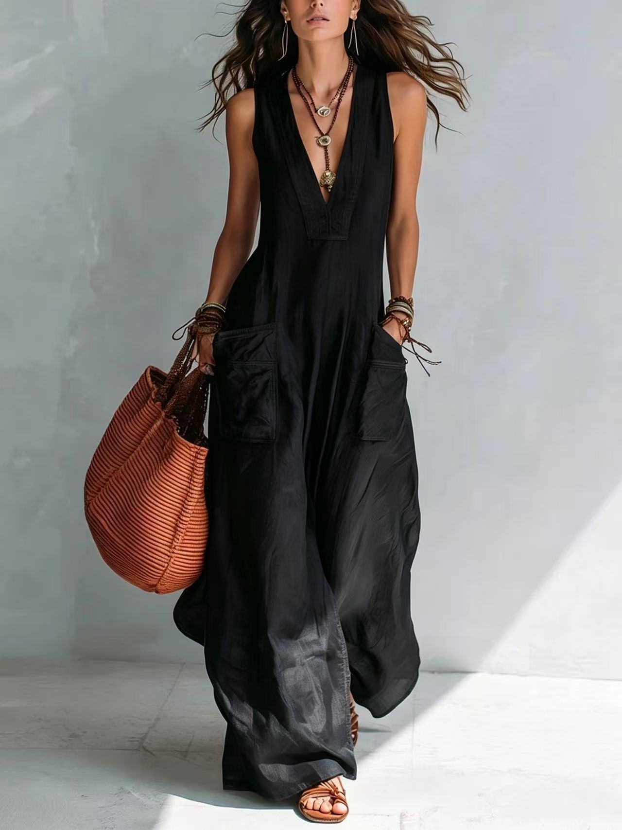Solid Color Temperament Large Loose Pockets Jumpsuits