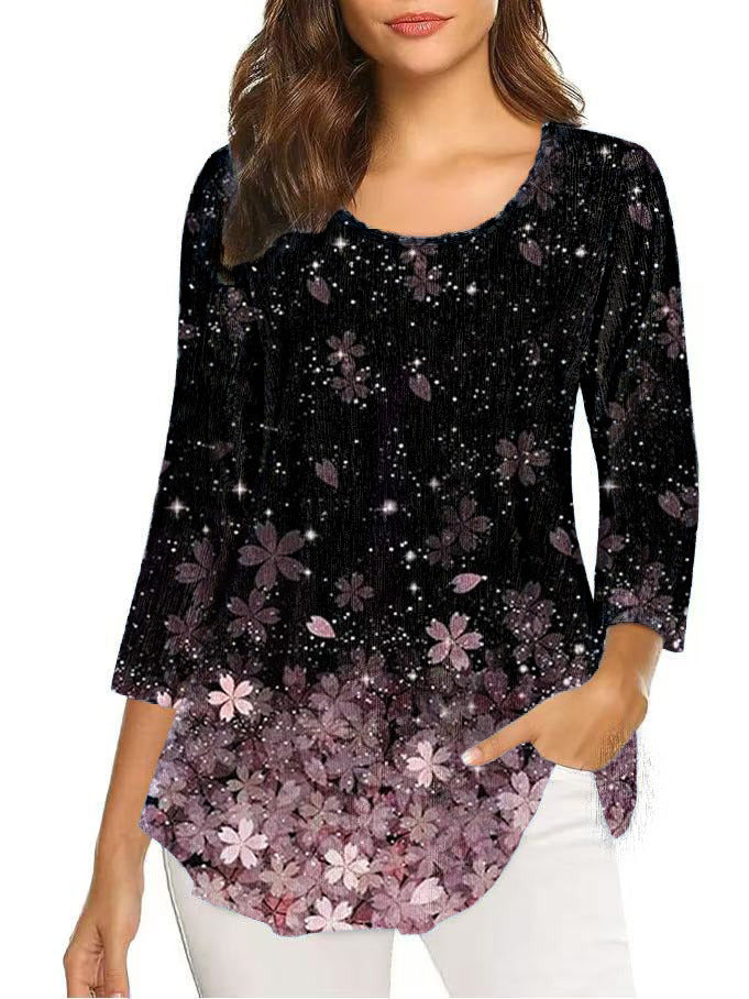 Autumn Three-quarter Sleeve Round Neck Printed Mid-length Bottoming Tops