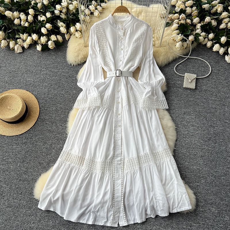 Women's Dress Stand-up Collar Flared Sleeves Waist Single-breasted Dresses