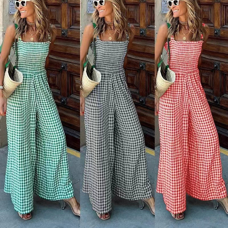 Women's Summer Elegant Trousers Plaid Casual Jumpsuits