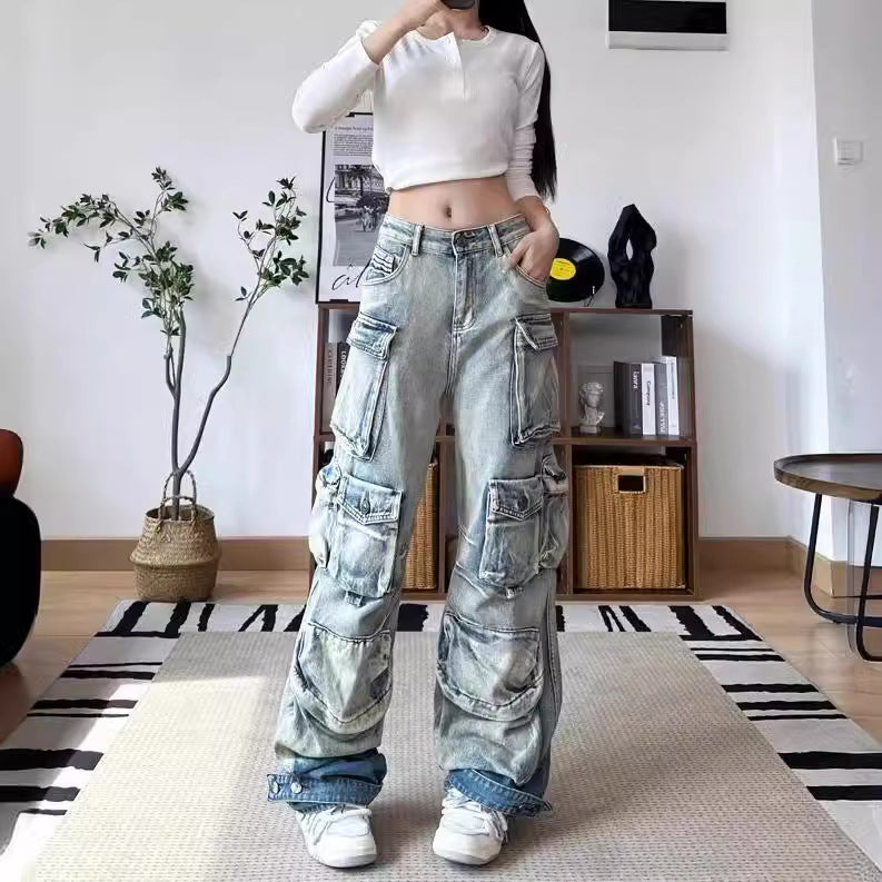 Women's Fried Street Large Pocket Design Washed Gradient Tooling Jeans