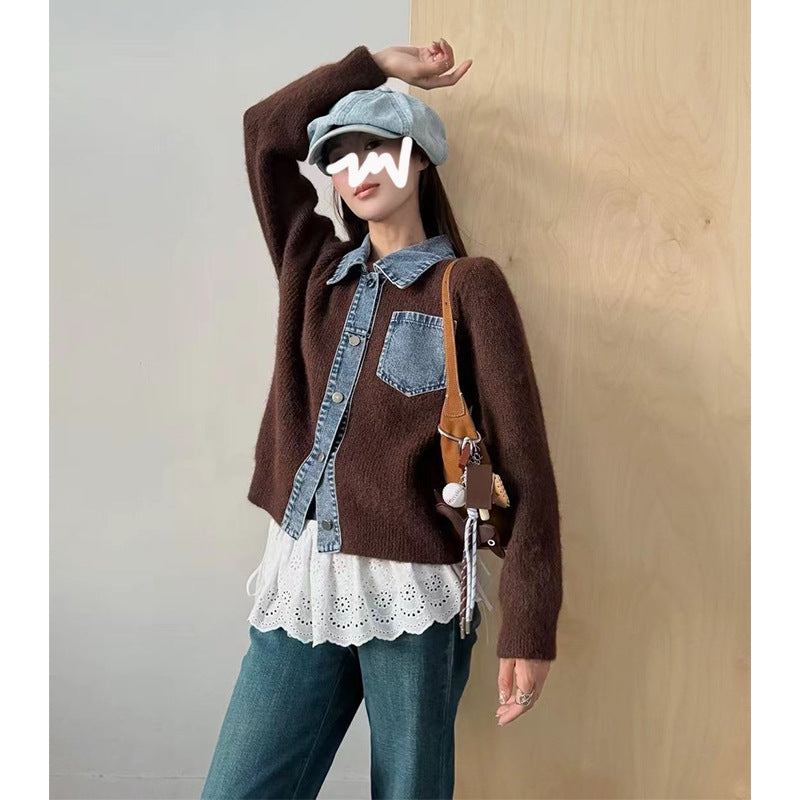 Women's Niche Retro Lapels Double Pocket Color Contrast Knitwear