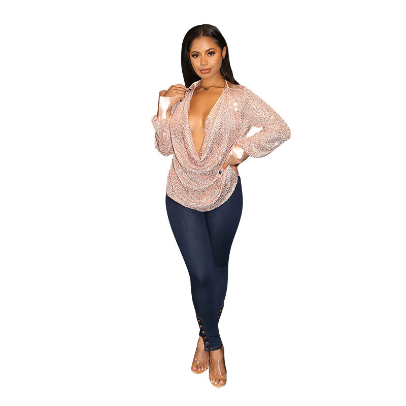 Women's Sequined Pleated Shirt Loose Casual Long Blouses