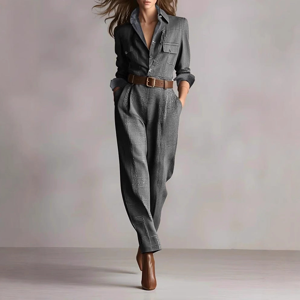 Women's Autumn Ladies Classic Retro Plaid Cargo Jumpsuits