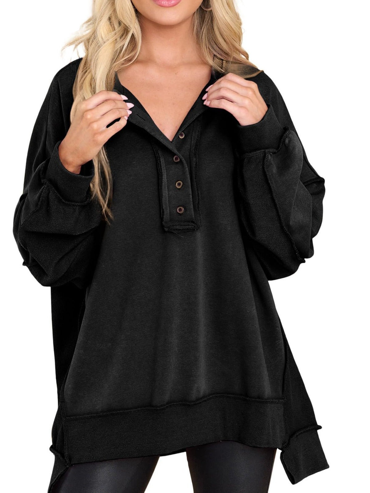 Women's Round Neck Solid Color Buttons Loose Tops