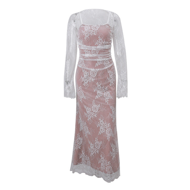 Women's Sexy Lace Mesh Long-sleeved Waistcoat Strap Dresses