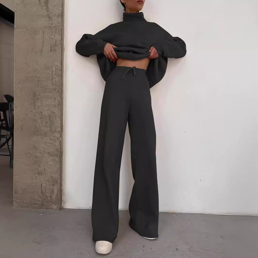 Long Sleeve Brown Temperament Wide Leg Loose High Collar Pants