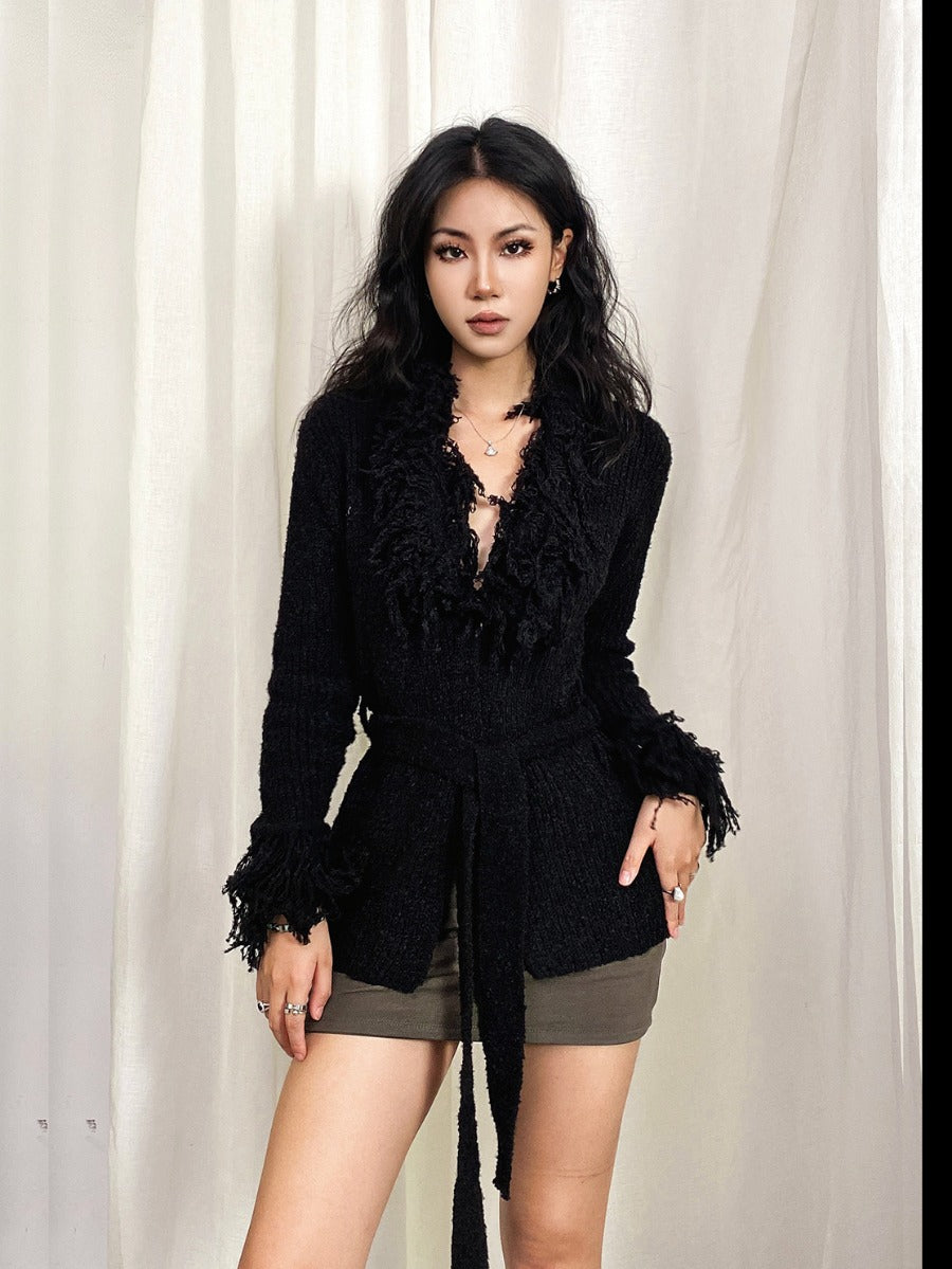 Women's Solid Color Hot Tassel Belt Long Sweaters