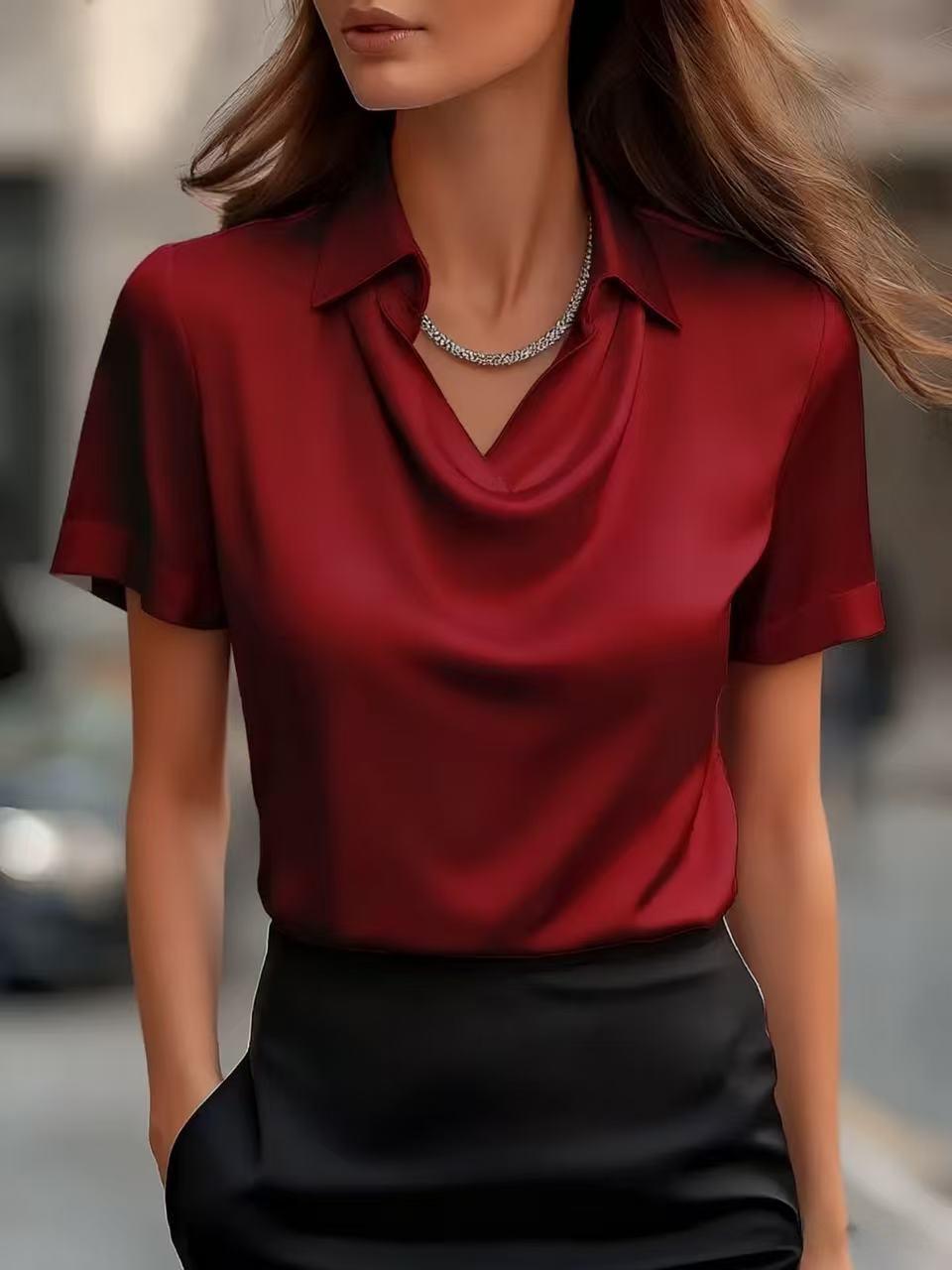 Women's Temperament Commute Lapel Sleeve Loose Solid Women's T-shirt
