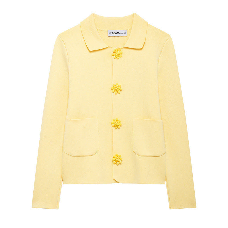 Women's Beaded Decorated Row Button Lapel Plain Sweaters