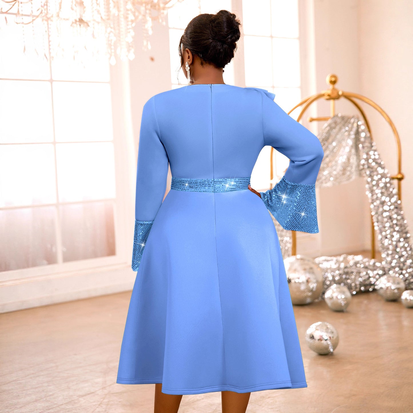 Women's Light Blue Diamond Ruffled Flared Sleeve Swing Midi Dresses
