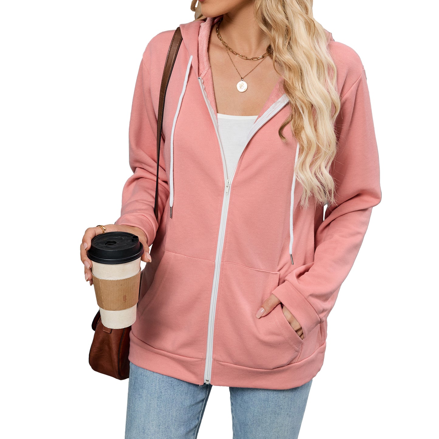 Women's Color Zipper Hooded Pocket Long Sleeve Tops