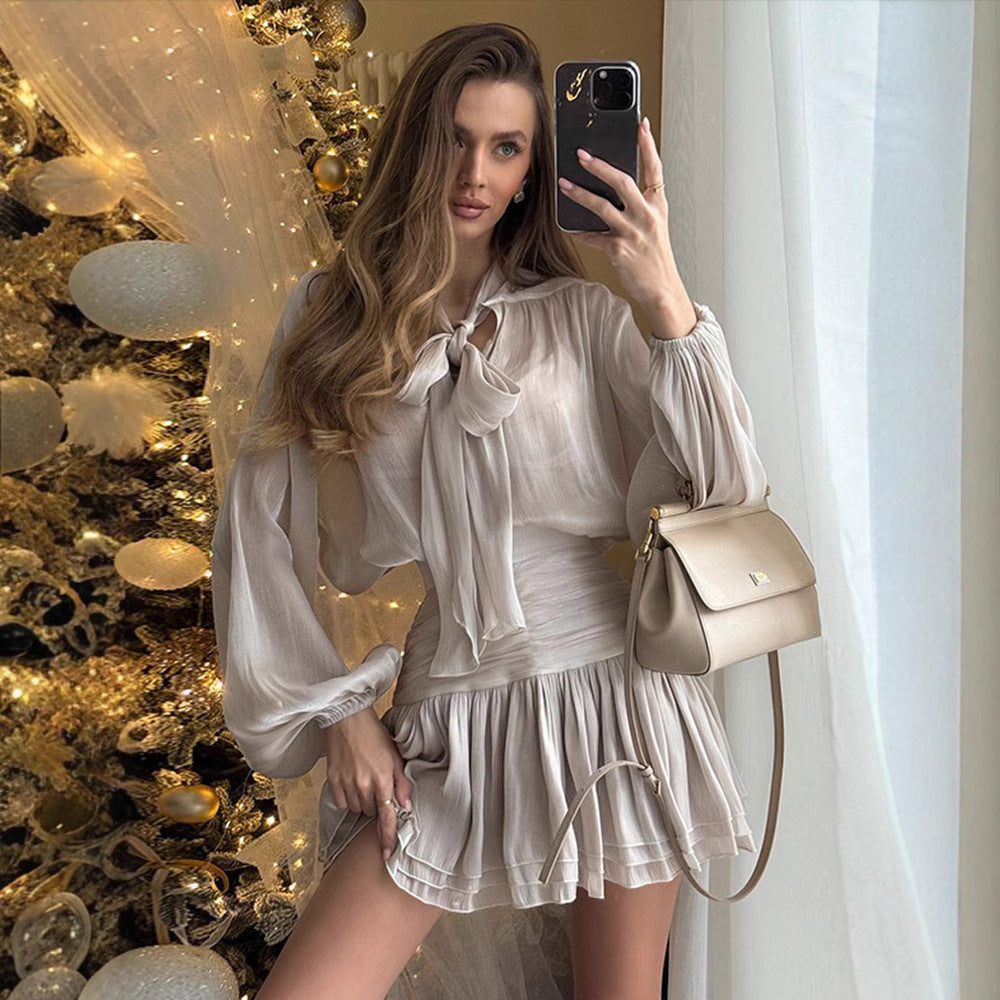 Bow Puff Sleeve Pleating Mid-length Dress Suits