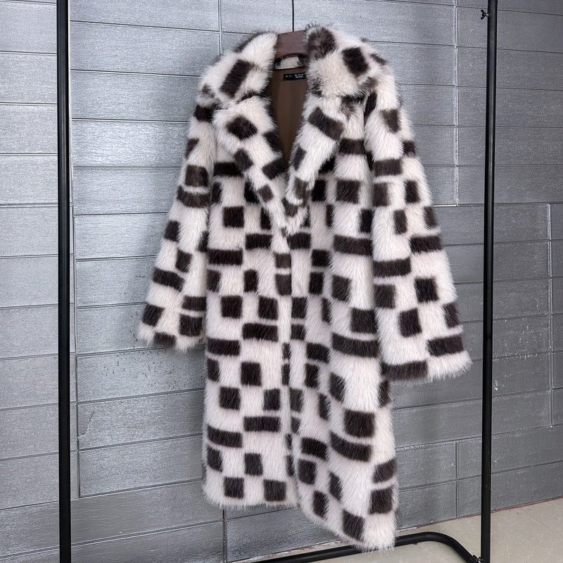 Fox Fur Plaid Mid-length Collar Furry Coats