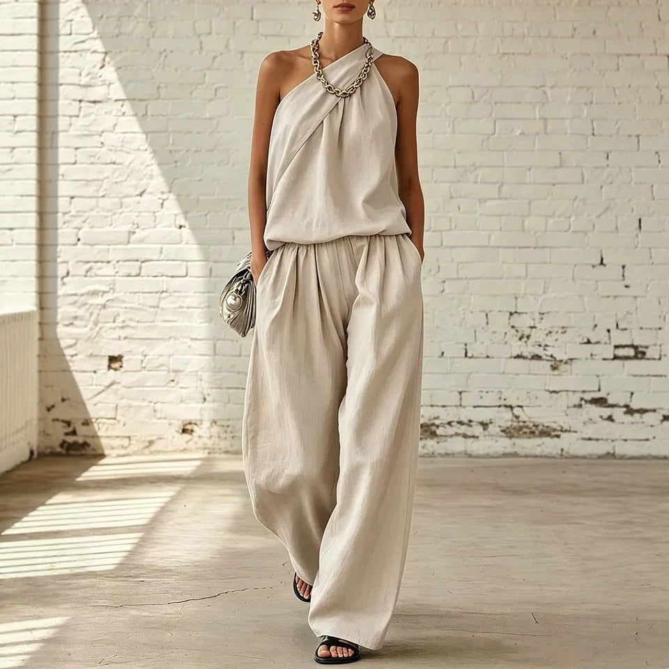 Linen Sleeveless Cold-shoulder Solid Color Wide Fashion Casual Suit