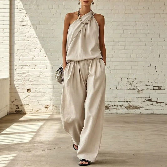 Linen Sleeveless Cold-shoulder Solid Color Wide Fashion Casual Suit