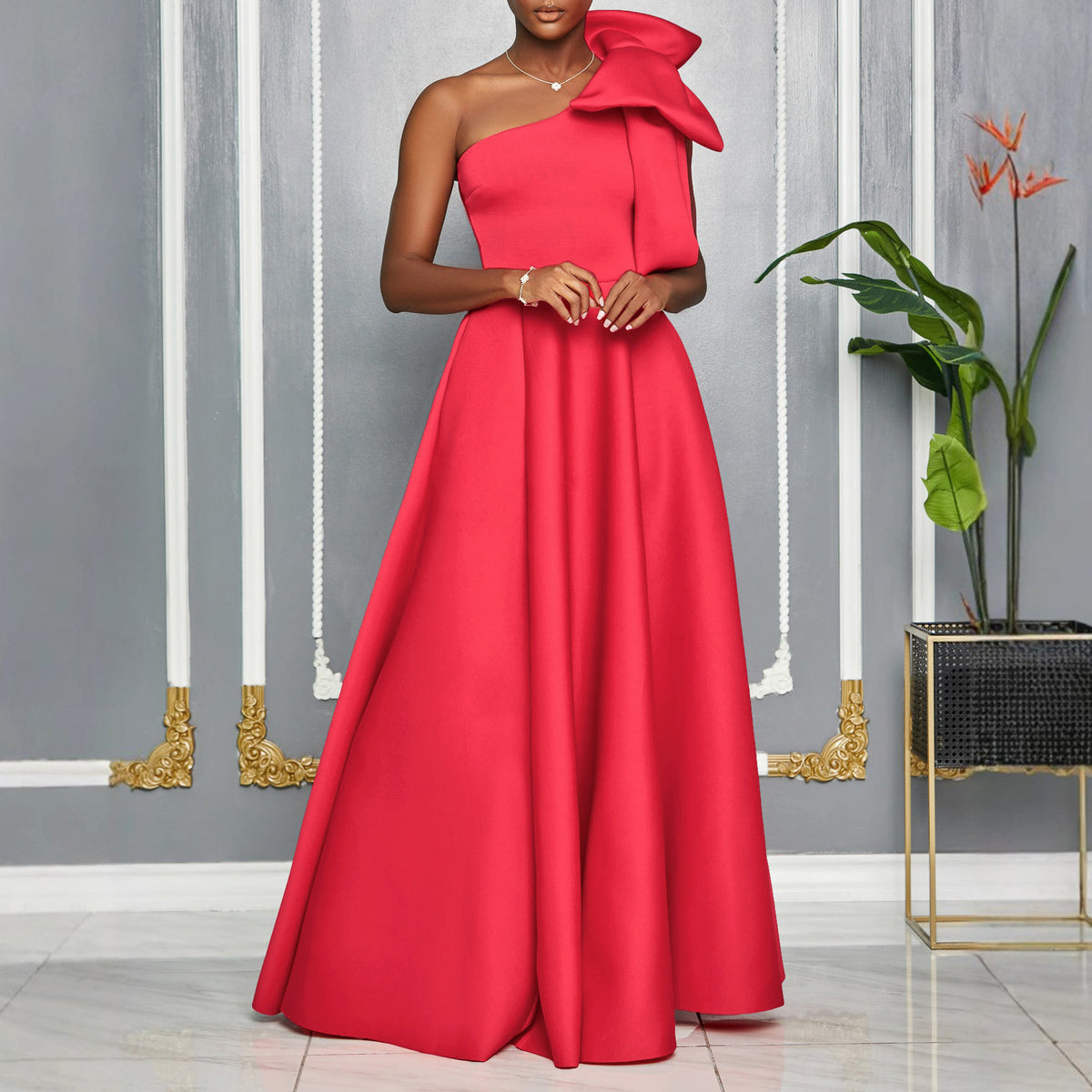 Women's Slant Shoulder Big Bow Sexy Formal Dress