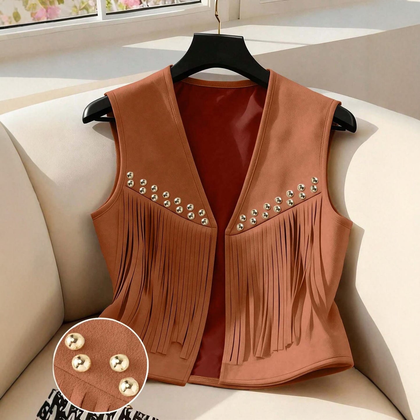 Women's Retro Country American Style Western Rivet Tassel Suede Sleeveless Vests