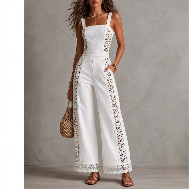 Women's Vacation Style Hollow Crochet Denim Lace Ruffled High Waist Wide Women's Jumpsuit/clothing