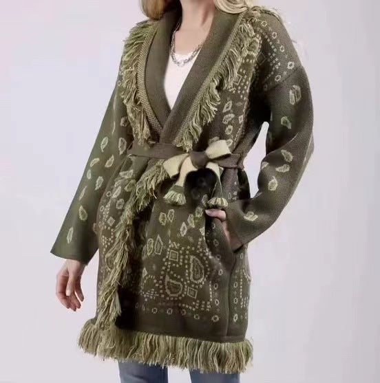 Women's Thick Tassel Jacquard Mid-length Loose Color Matching Sweaters