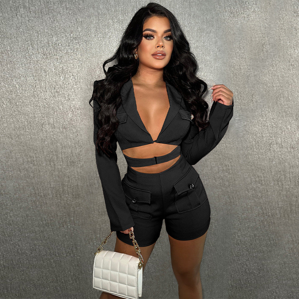 Women's Wear Pocket Sexy Deep V Solid Jumpsuits