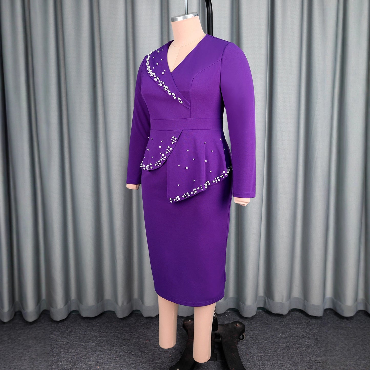 Women's Purple Dress Flounced Rhinestone Elegant Graceful Plus Size