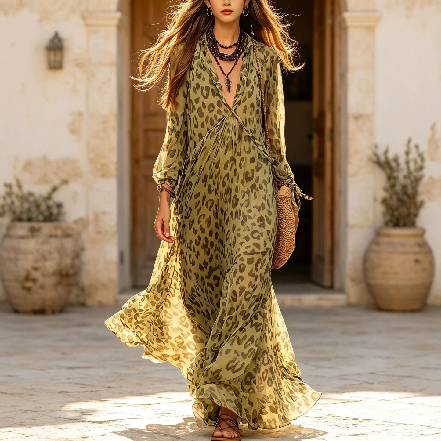 Women's Leopard Print Chiffon Long Sleeve Boho Dress