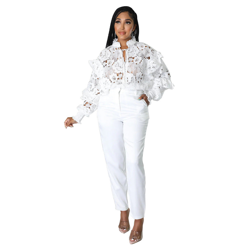 Women's Flounce Trim Lace Up Lantern Sleeve Coats