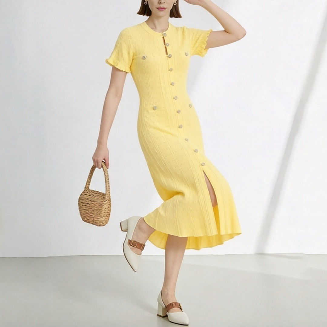 Women's High Quality French Style Temperament Sleeve Hollow Thread Single-breasted Dress